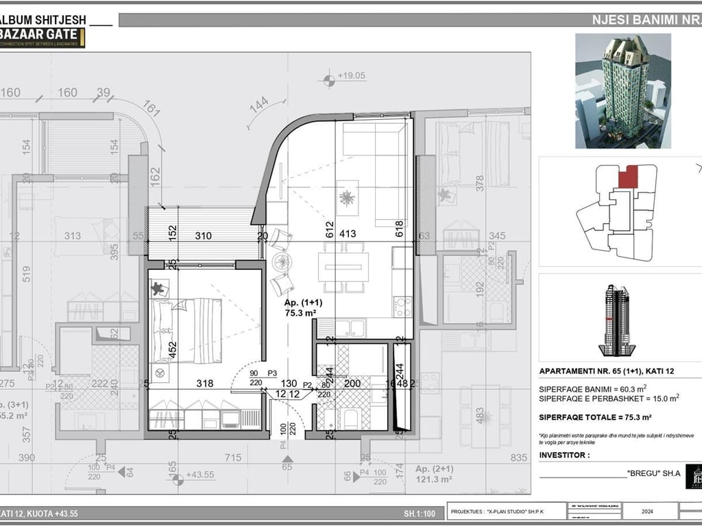 Shitet Apartament 1+1 në Kullën Bazaar Gate, Tirane 250 000EUR