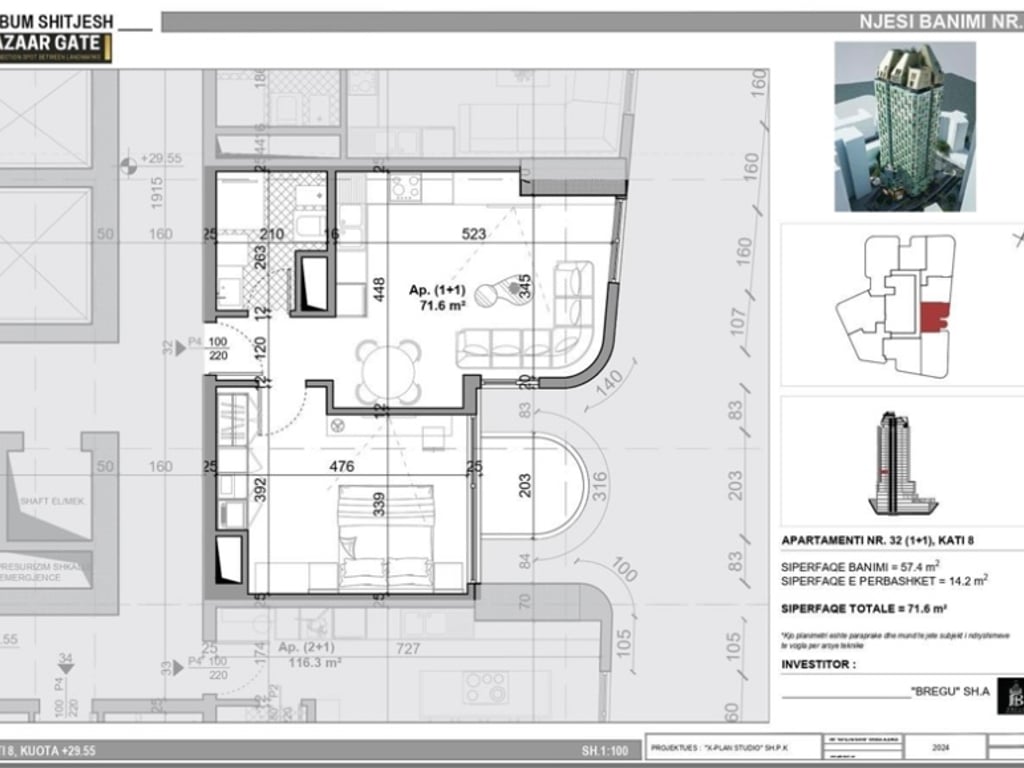 Vendesi Appartamento 1+1 nella Torre Bazaar Gate, Tirana