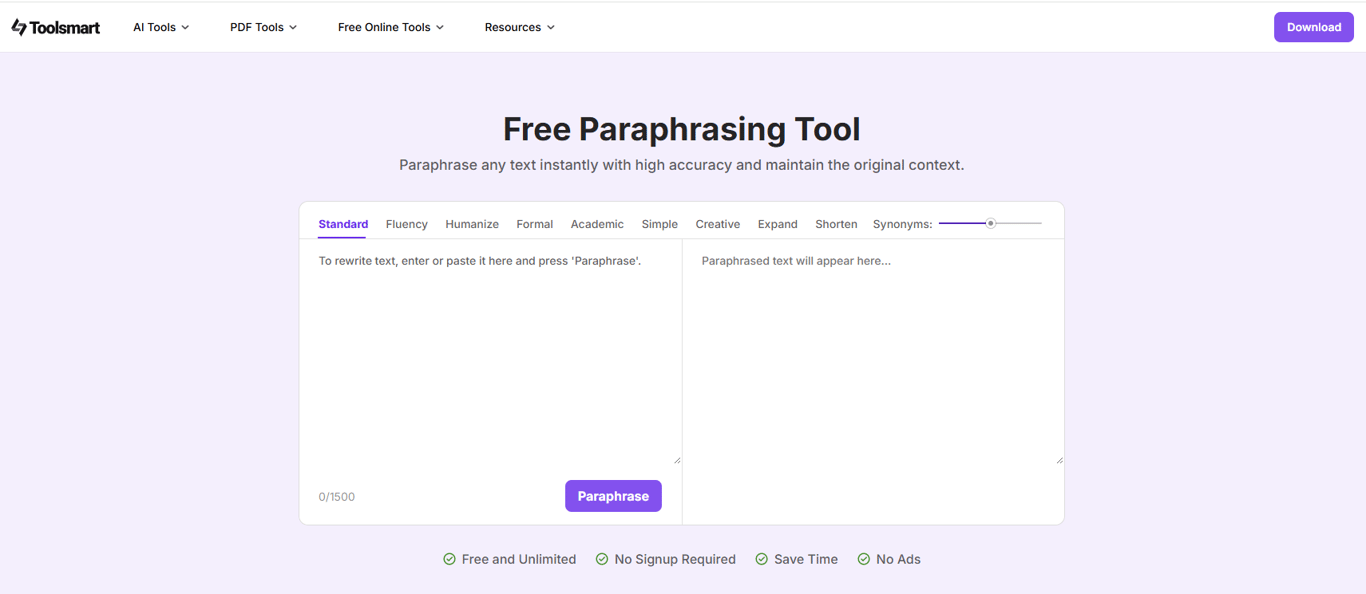 Toolsmart Free Paraphrasing Tool screenshot