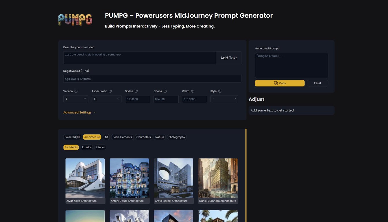 PUMPG Midjourney Prompt Generator screenshot