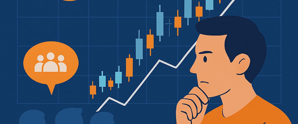 A crypto trader focused on analyzing a chart while others follow each other blindly, illustrating the dangers of herd behavior and the value of independent thinking.
