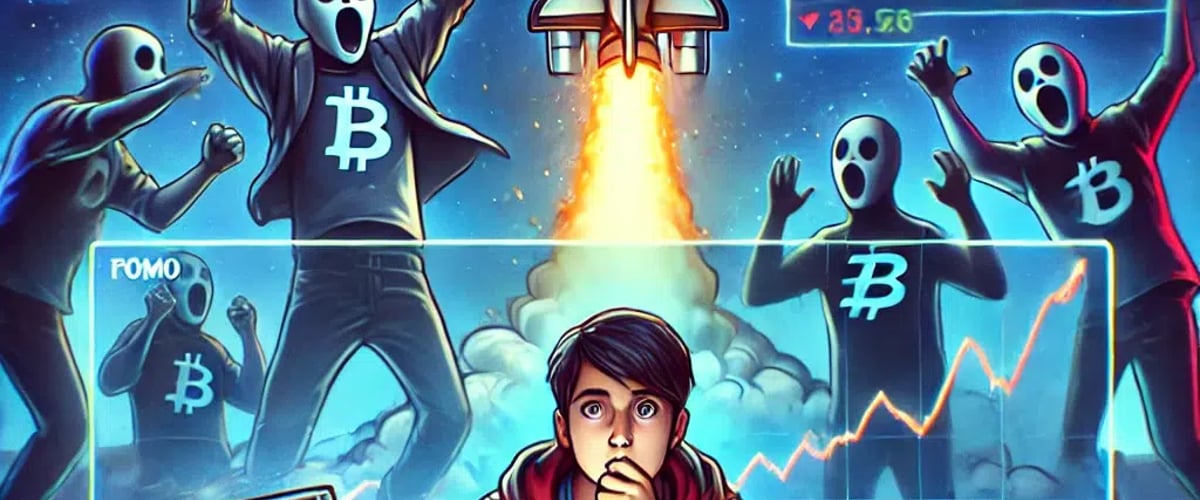 An anxious trader watches a Bitcoin rocket take off on screen, overwhelmed by FOMO, with celebrating traders in the background.