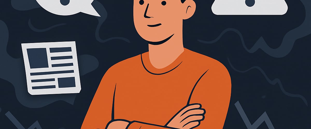 A crypto trader standing confidently in front of a chaotic background symbolizing fear and confusion, with icons of news headlines and market drops floating around.
