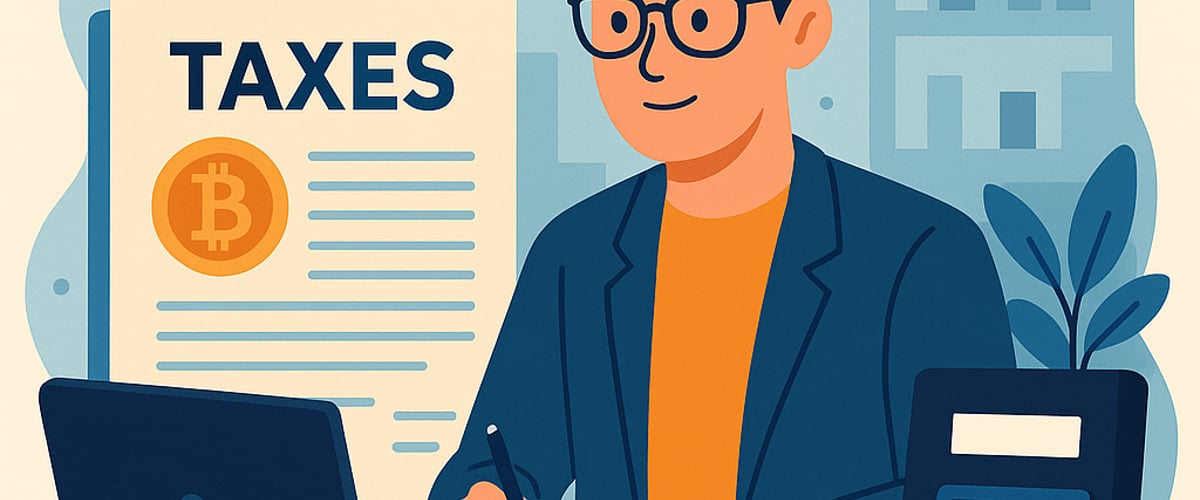 Illustration of a focused trader filing cryptocurrency taxes with a laptop, calculator, and bitcoin documents on the desk.