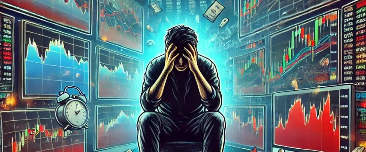 A fatigued crypto trader surrounded by volatile charts and glowing monitors, illustrating emotional strain in high-pressure markets