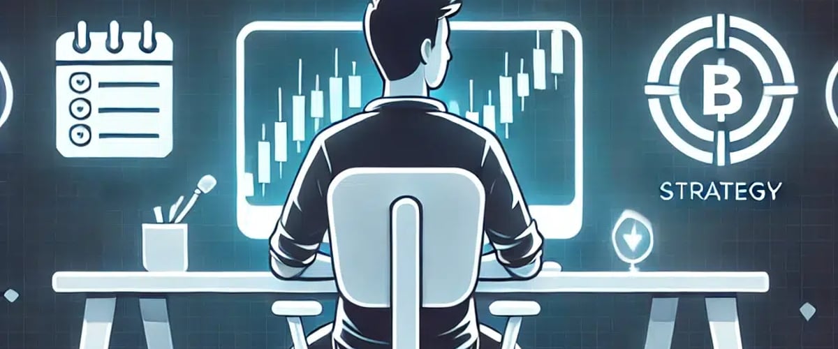 A focused crypto trader creating a strategy using charts, checklists, and a planning board, symbolizing clarity and discipline.