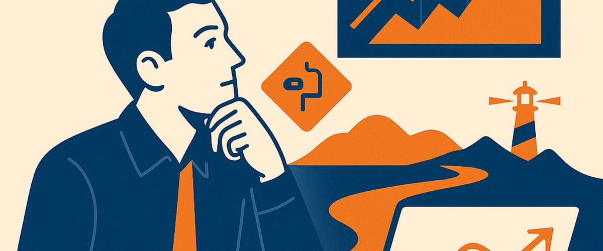 A crypto trader planning for the long term, surrounded by icons like a calendar, hourglass, rising chart, and lighthouse, symbolizing strategic, future-focused thinking.