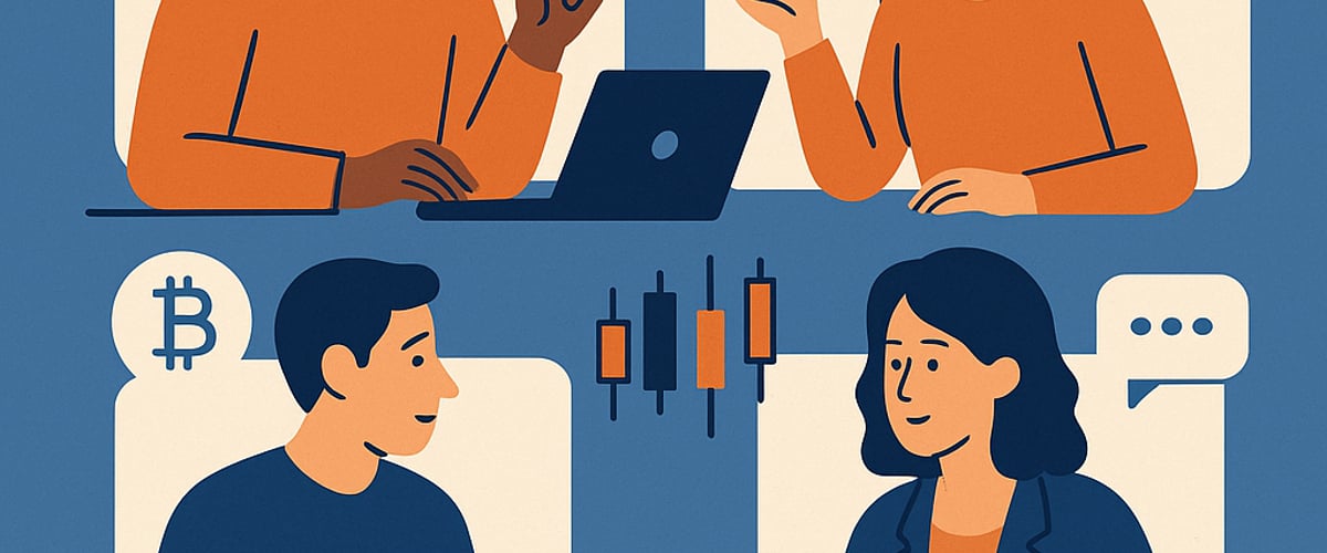 Four traders in a video call window collaborating over crypto charts and ideas, symbolizing a supportive trading community.