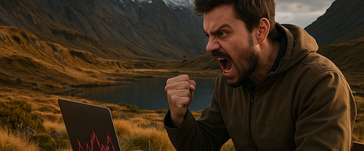 Angry person trading cryptocurrency against a beautiful landscape