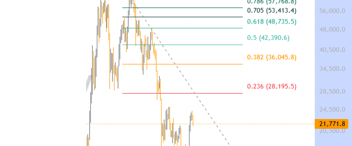 Fibonacci Retracement shown on a bitcoin macro timespan from swing high to swing low