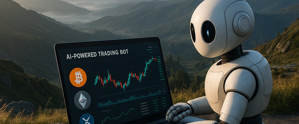 Wide angle shot of a landscape with an AI trading bot interface