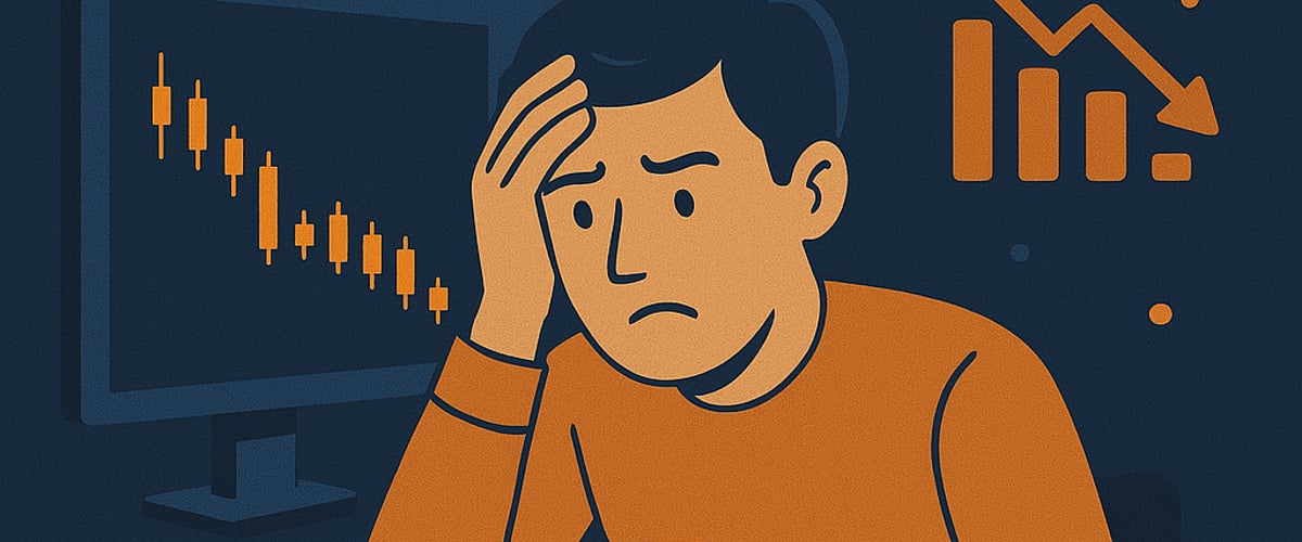 A stressed crypto trader staring at multiple charts, surrounded by symbols of rapid trades and price volatility, representing mental fatigue from overtrading.