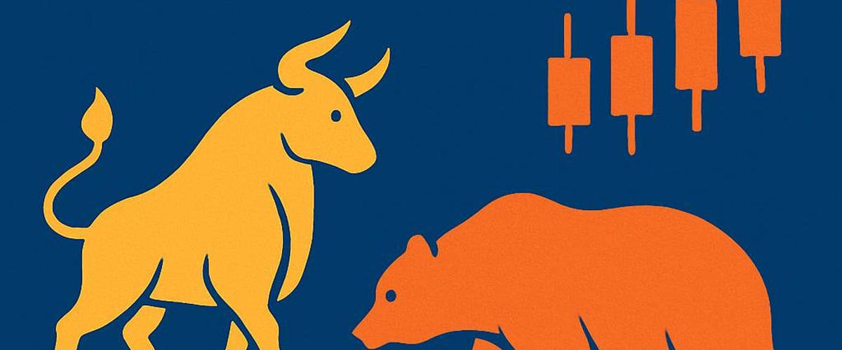 Illustration showing cyclical bull, bear, and sideways market phases with arrows and candlestick chart symbols.
