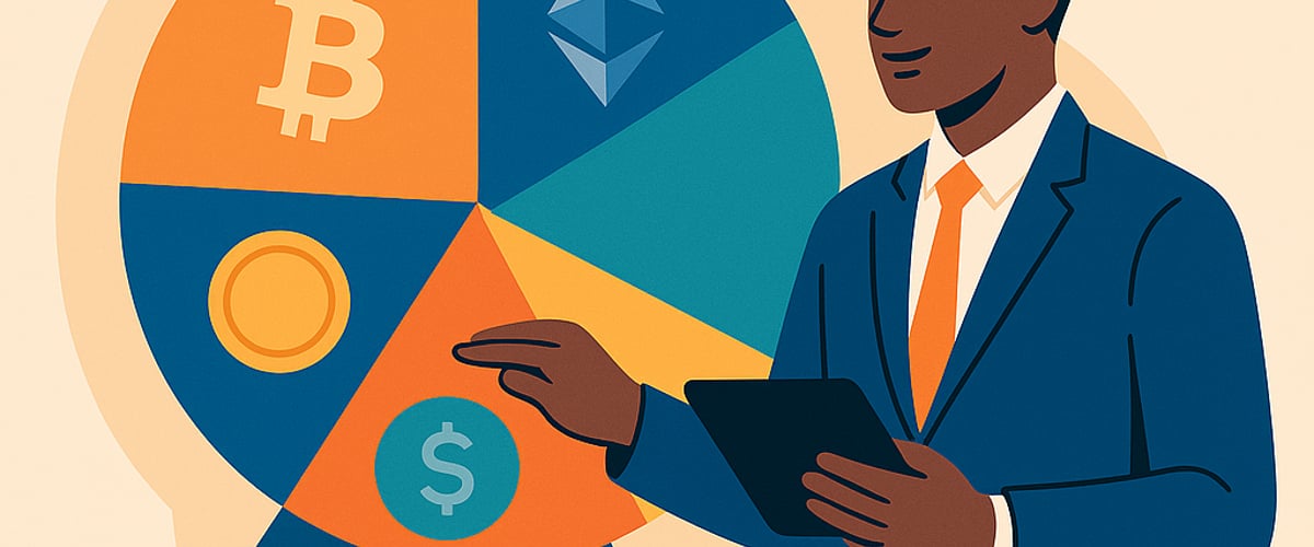 Illustration of a crypto portfolio pie chart with slices for Bitcoin, Ethereum, altcoins, stablecoins, and DeFi assets, symbolizing balanced diversification.