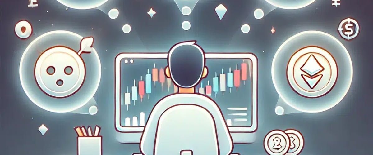 A crypto trader surrounded by symbolic thought bubbles representing psychological biases like confirmation bias and overconfidence.