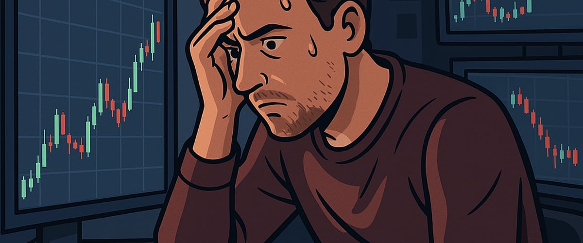 A stressed crypto trader intensely watching multiple screens with flashing charts, surrounded by icons symbolizing obsession and compulsive behavior.
