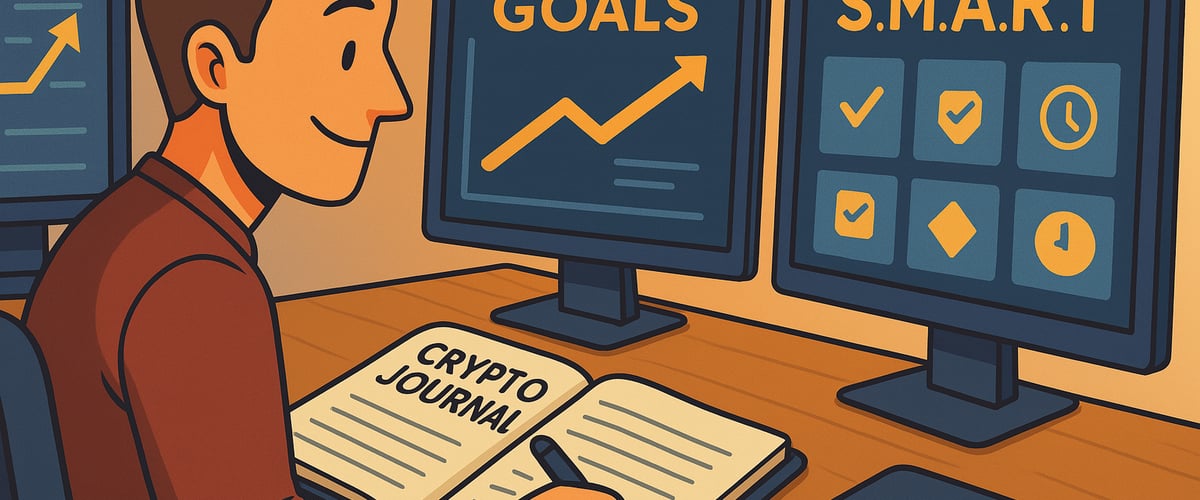 A trader writing SMART goals in a crypto journal with monitors displaying “GOALS” and a S.M.A.R.T. layout in clean, flat illustration style