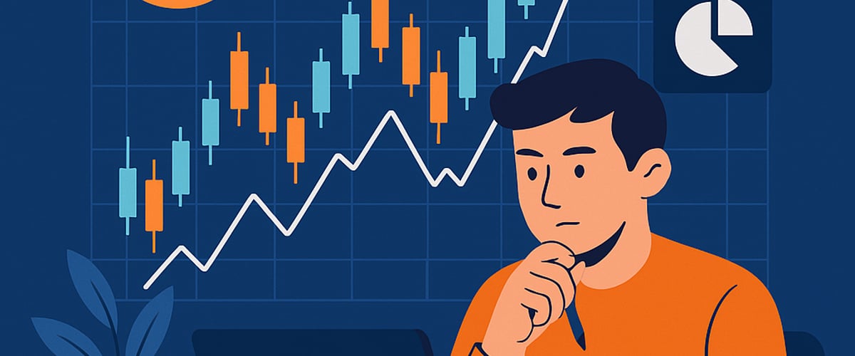 A calm crypto trader surrounded by symbolic icons of the mind, Bitcoin, and rising price charts — representing emotional mastery in volatile markets.