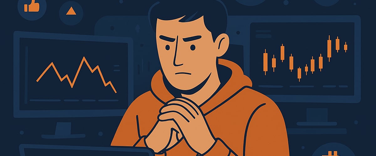 A crypto trader watching multiple screens with influencer icons, trending charts, and hype symbols surrounding them, showing the pressure and confusion of trading from social media signals.