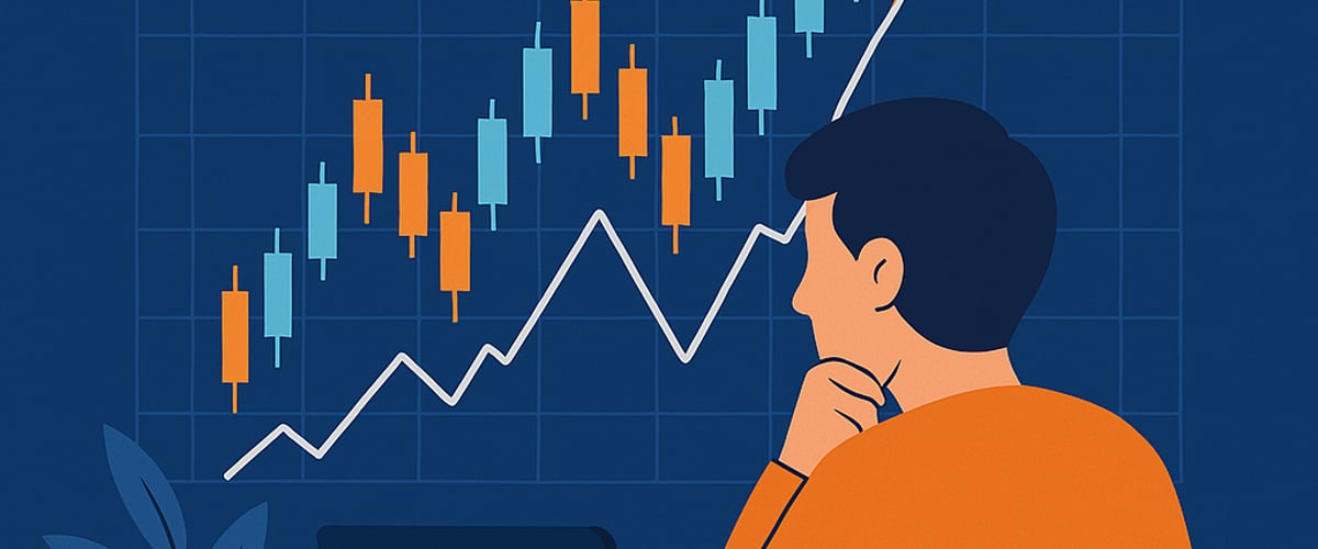 A calm crypto trader seated at a desk, watching charts with hands folded, surrounded by icons of clocks, calendars, and stable trend lines symbolizing patient strategy.