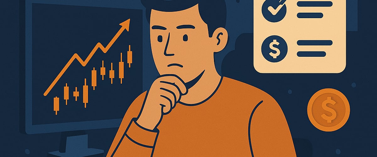 A thoughtful crypto trader writing goals in a notebook, with a candlestick chart rising in the background and subtle crypto icons representing growth and focus.