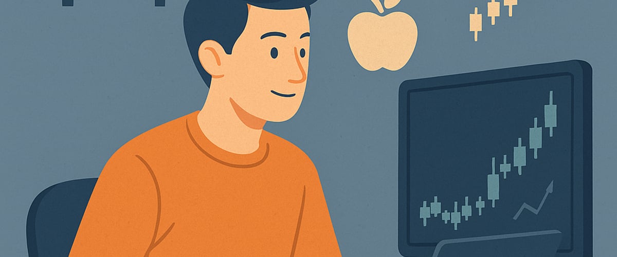 A calm and focused crypto trader at a desk, surrounded by icons symbolizing rest, health, and energy — like a bed, apple, brain, and rising chart.