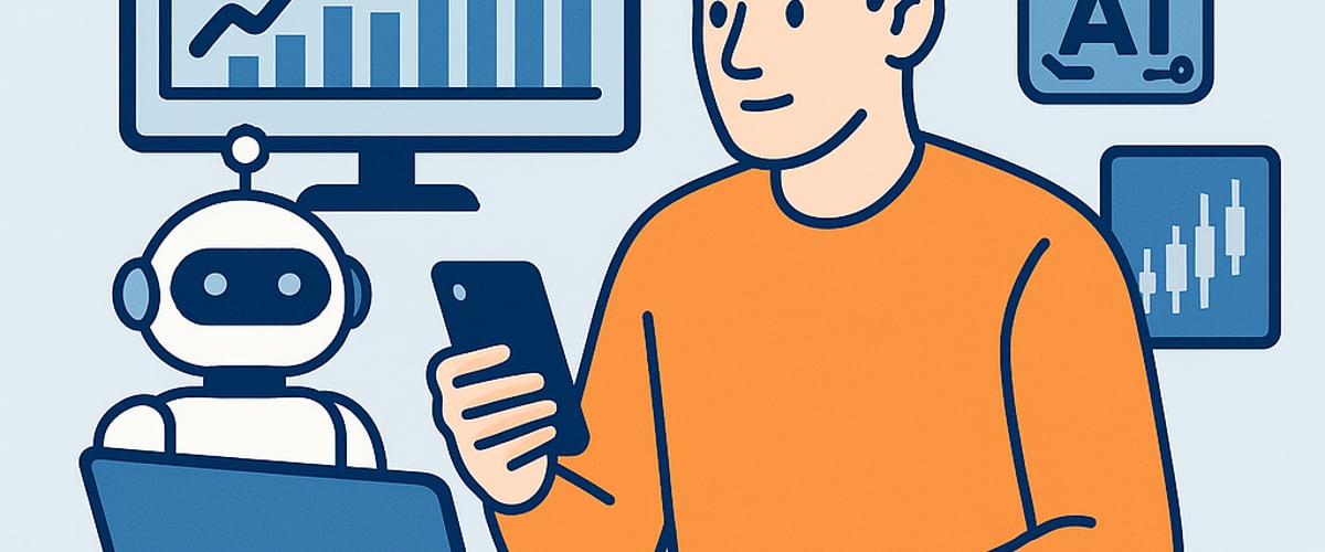 A focused trader at a desk, interacting with a laptop and smartphone, surrounded by icons for AI analytics, charting, and automation tools, symbolizing technology-driven trading.