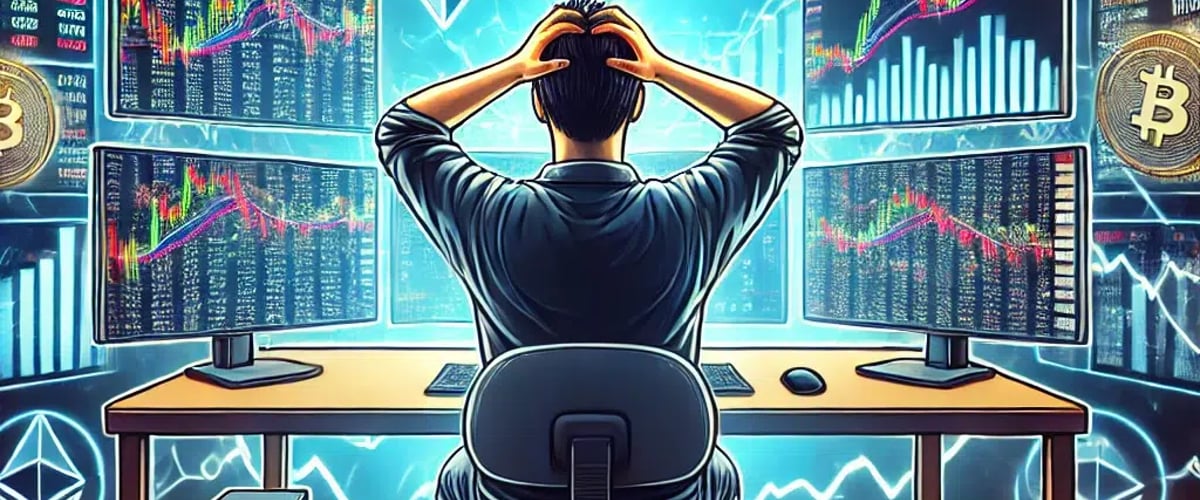 A stressed-out crypto trader looking at market charts, representing emotional decision-making.