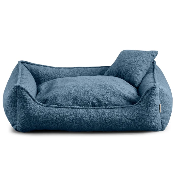 blue boucle dog bed