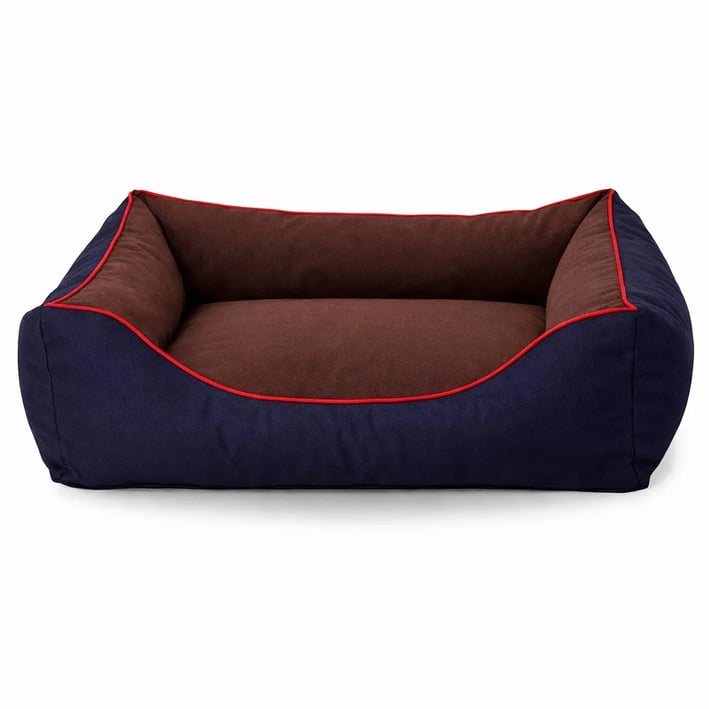 dark blue and brown dog bed