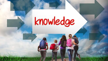 The word knowledge and school kids running in school corridor against road leading out to the horizon