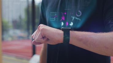 Close up of active sport man in the sport ground check health indicator and heart rate on smartwatch Future technology concept of humanity 3D render animation