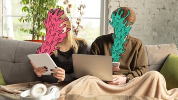 Colorful cartoon-style drawing collaged with portrait of young Caucasian couple. Bright colors, modern design, contemporary artwork. Concept of relationship, media, social network, communication.