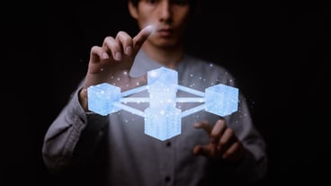 Businessman explore metaverse technology with blockchain network connecting