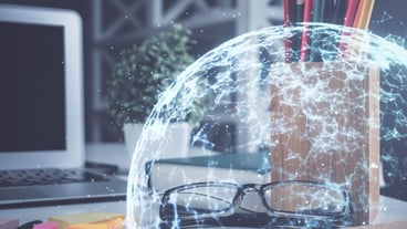 Social network theme drawing with glasses on the table background Concept of people media connection Double exposure
