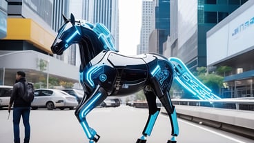 A cyber horse walks among a skyscraper