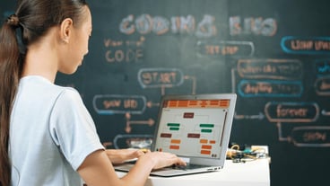Cute asian girl programing system by using laptop at blackboard Edification