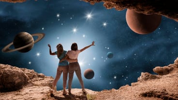 Space collage with young women