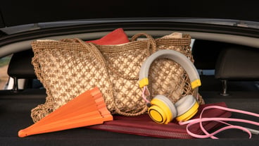 Luggage seen from the rear window of the car