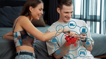 Elegant female and male customers use credit cards to shop with Cybercash