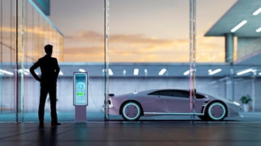 3d Conceptual image of young businessman looking at electric supercar outside frome office