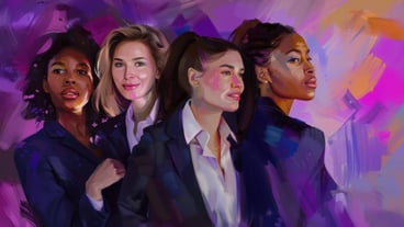 Four Women in Suits on Purple Background