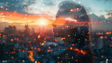 Abstract double exposure portarit of young woman with blurred bokeh light from city in the background