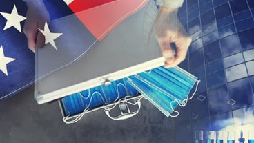 Double exposure A metal suitcase with a batch of disposable masks New reality new values Money masks Usa vaccionation