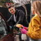 Close up on car care process