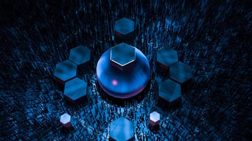 Hexagon cube with dark background surrounded by glowing lines 3d rendering