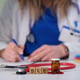 Doctor Writing a Prescription while Using a Stethoscope along with a Medicine Bottle