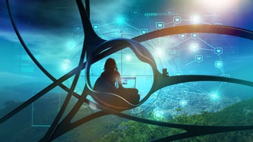Sci-fi blogger surrounded by nature, social infographics