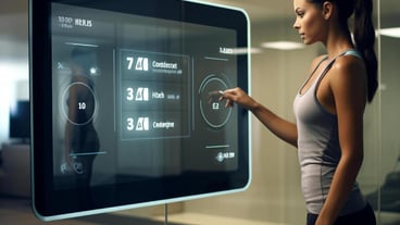 A woman stands in front of a computer screen that says's the time of 3 : 00.