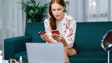 Young happy woman buy product by online shopping with utmost security